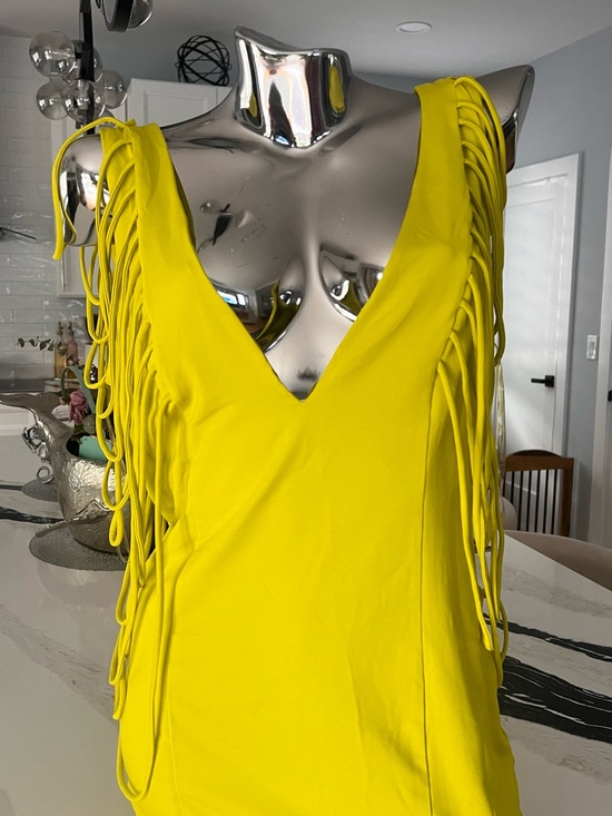 Fashion Nova Dresses & Skirts - Fashion Nova Bright Yellow V-Neck Satin Dress with Fringe Straps
